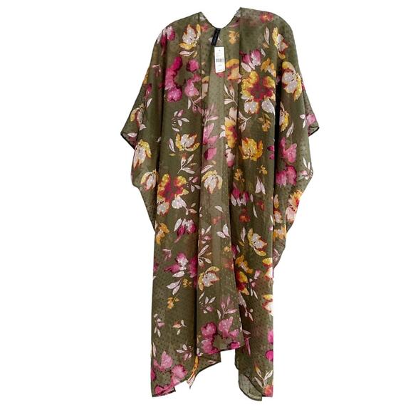 Lane Bryant Long Floral Duster Kimono Swiss Dot Green Pink Oversized Open Front - Picture 3 of 11